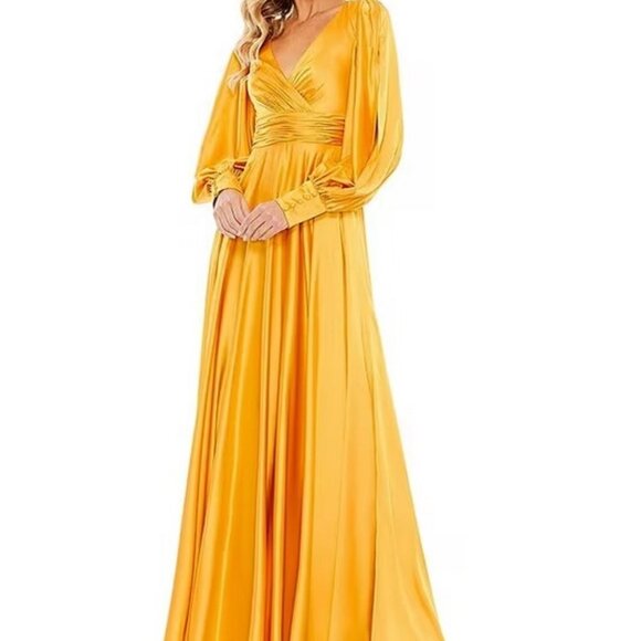 Mac Duggal Marigold Yellow Split Long Sleeve Satin A-Line Gown